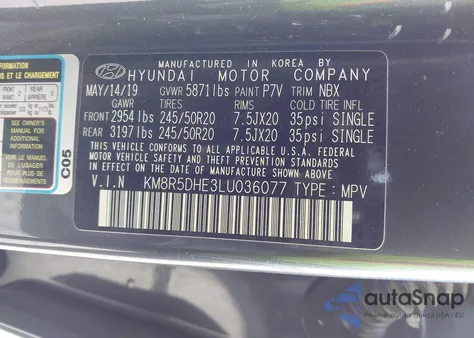 2020 Hyundai Palisade Limited z USA, uszkodzony, nr VIN KM8R5DHE3LU036077